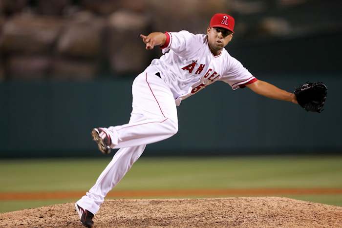 Angels closer Francisco Rodríguez pitches in the ninth inning against the Mets at Angel Stadium of Anaheim on June 18, 2008.